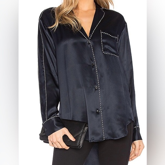 💥PRICE DROP💥 Hahn Pickstitch Silk Satin Pajama Shirt, Navy/White - Picture 1 of 8